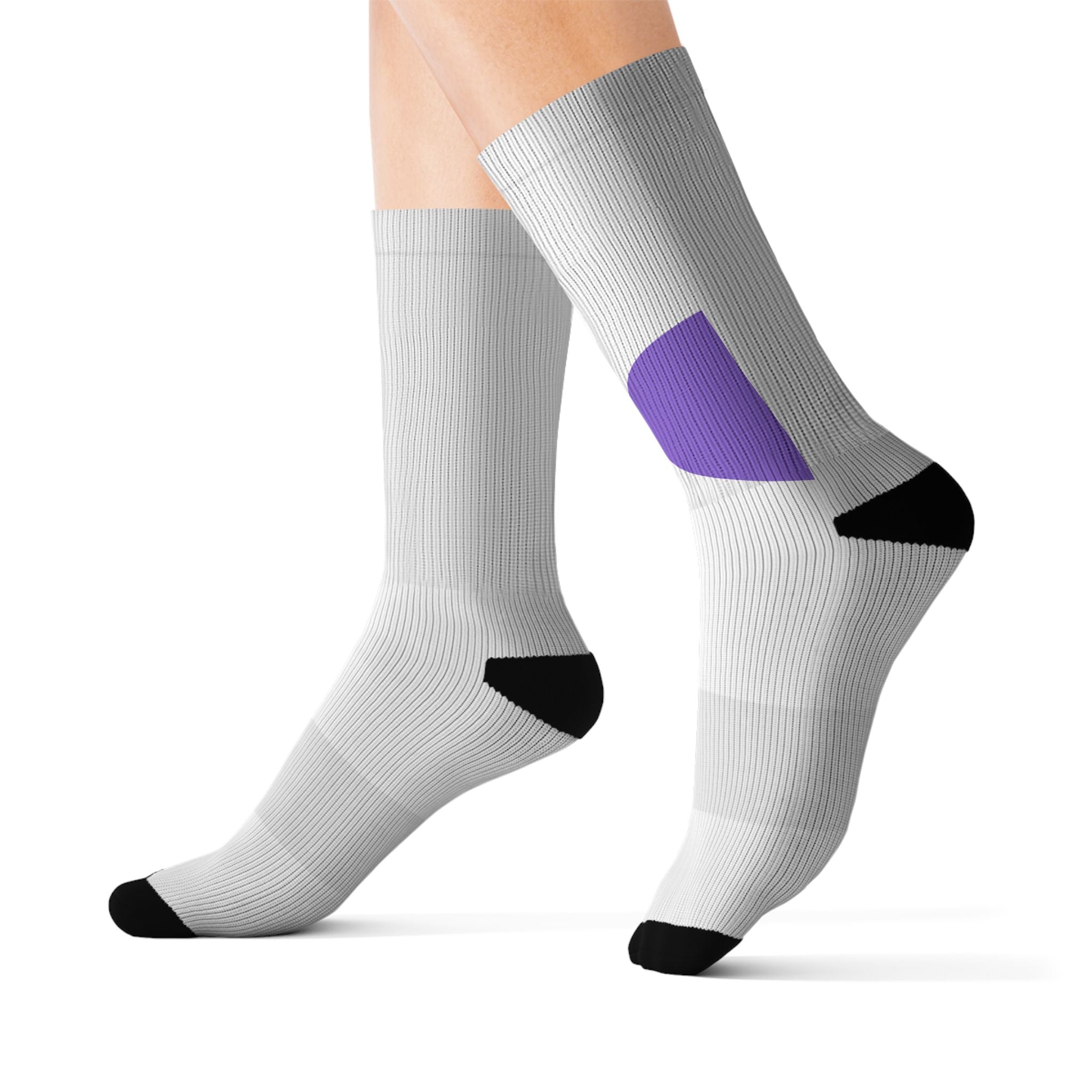 White Sublimation Socks with Purple Accent — Custom Printed Athletic Crew Socks