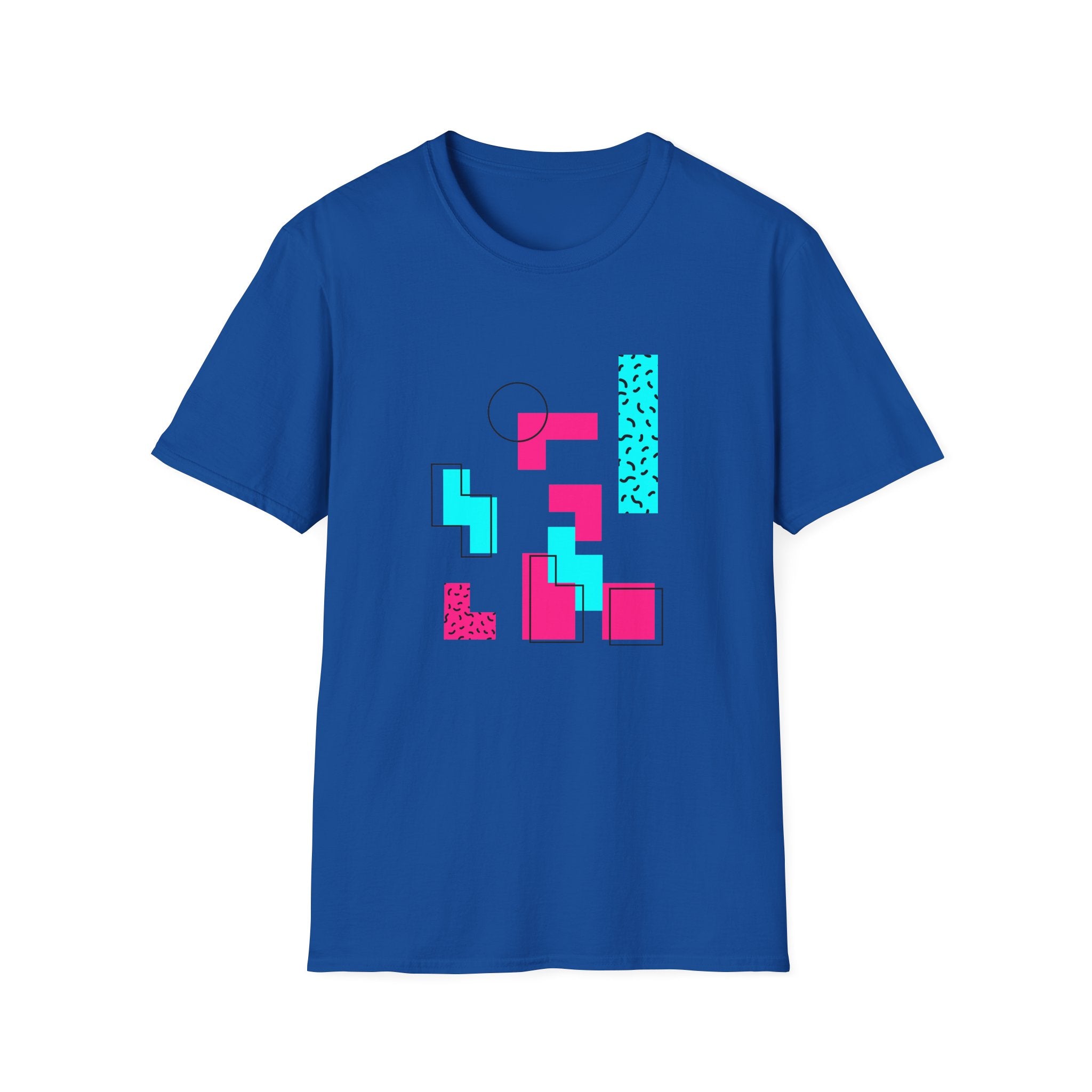 Geometric Memphis Retro Tee — Pink & Teal 80s Abstract Graphic T-Shirt